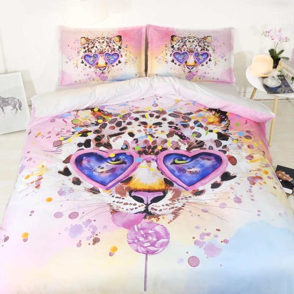 JF 521 pink glasses leopard head print bedding sets 4pcs Single Full Queen Super King with 1