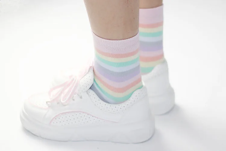 Модные женские хлопковые носки цвета радуги, сладкого мороженого, макарон,, яркие полосатые носки, тонкие носки на весну, лето, Осень