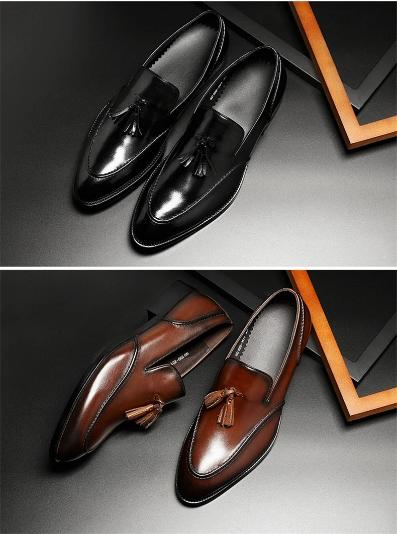 Phenkang/мужские деловые модельные туфли из натуральной кожи; мужские брендовые свадебные туфли из натуральной воловьей кожи с Черной Бахромой