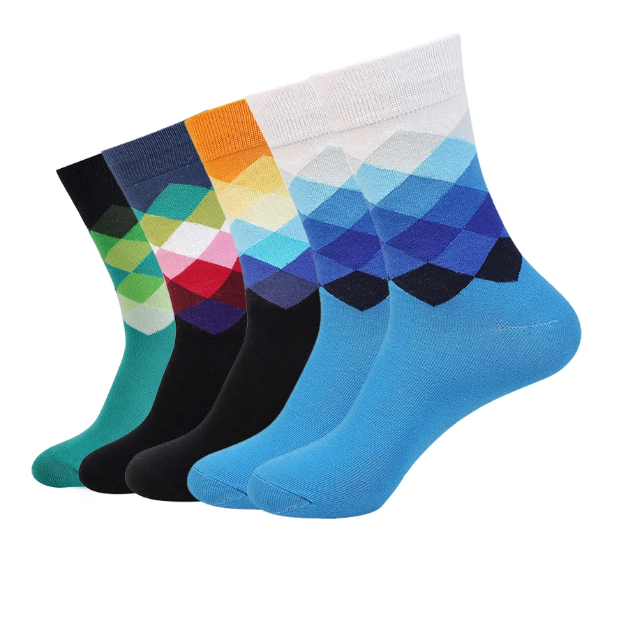 5 пар разноцветных зимних теплых Хлопковых Носков Модные дышащие носки средней длины в форме ромба Мужские и женские повседневные носки