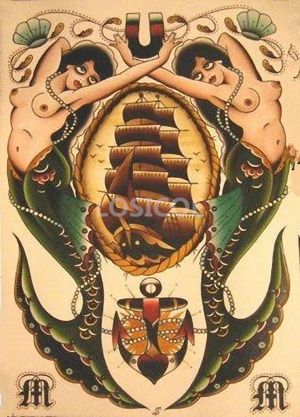 Berlayar Dan Mermaid Retro Kraft Kertas Tato Sketsa Poster Wall