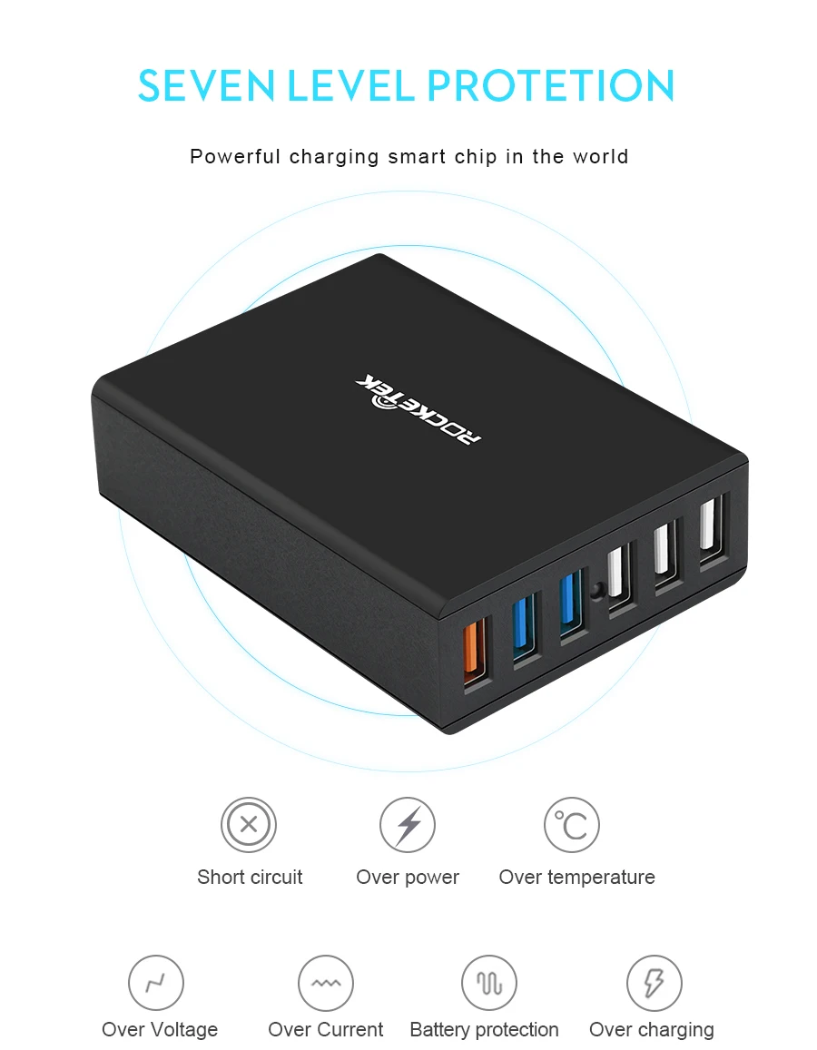 Rocketek Quick Charge 3,0 зарядное устройство 6 USB Смарт быстрое турбо мобильное зарядное устройство для iPhone7 samsung Galaxy s6 Xiaomi EU совместимый 2,0