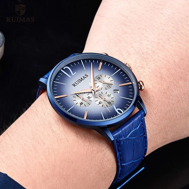 

RUIMAS Men's Chronograph Quartz Watches Top Brand Luxury Blue Leather Strap Army Wristwatch 24 Hour Clock Relogios Masculino 531