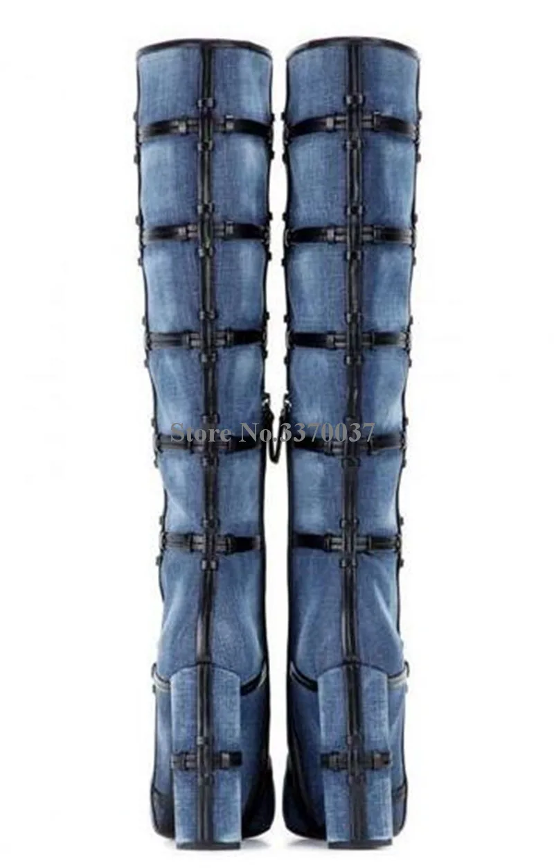 Брендовые модные женские сапоги до колена из синей джинсовой ткани с круглым носком на массивном каблуке; высокие сапоги на высоком толстом каблуке на молнии; джинсовые сапоги