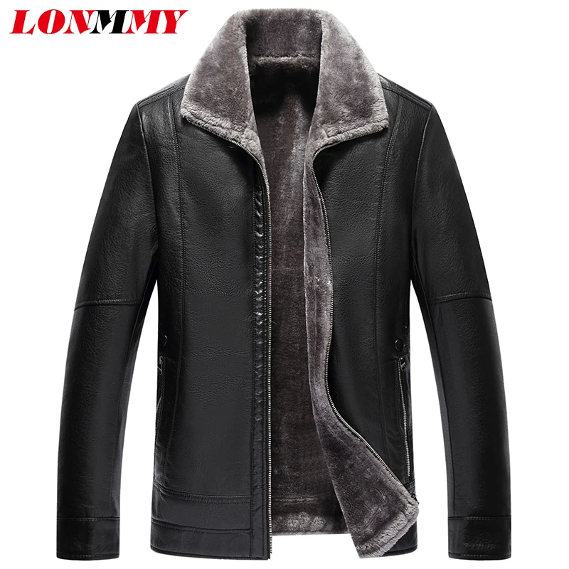 LONMMY 7XL Winter coat men Plush liner Faux Leather PU Suede Lapel