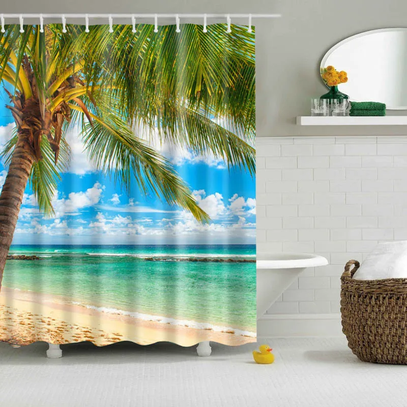 Высокое качество морской кокос дерево занавеска для душа индивидуальный дизайн креативная занавеска для ванны водонепроницаемый из полиэстера ткань