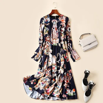 

New winter Europe and the United States high end fashion show retro prints high waist slim A large pendant dress