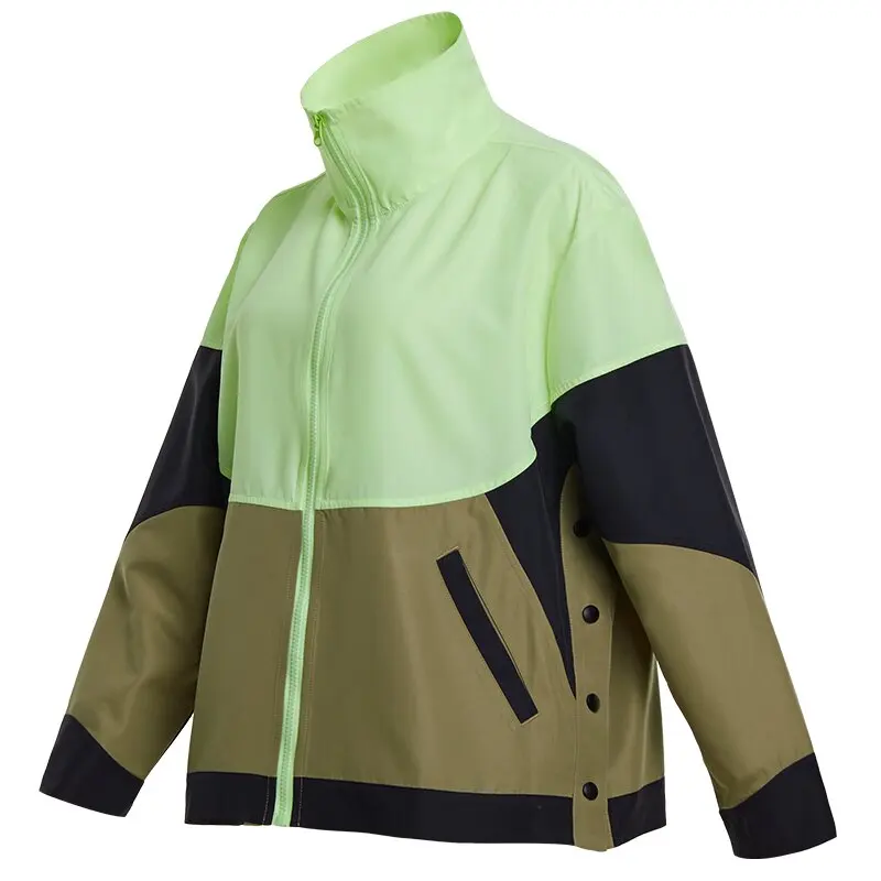

Sports Windbreaker Women's Stand Collar Spliced Colors Fitness Running Jackets Side Buttons Outdoor Sportswear Tops