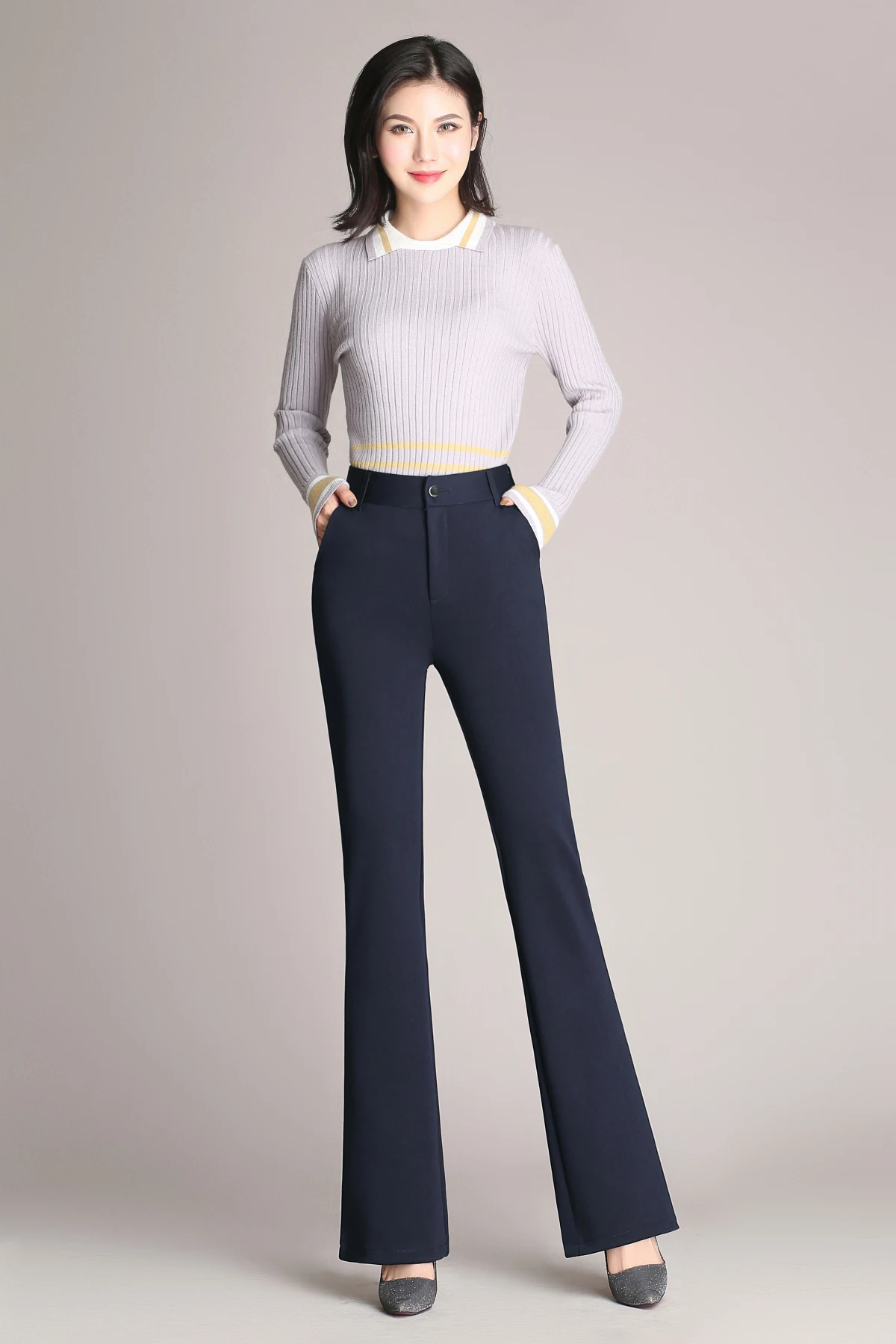 Новые расклешенные женские брюки с высокой талией, рабочая одежда, укороченные брюки, брюки размера плюс S-4XL - Цвет: Синий