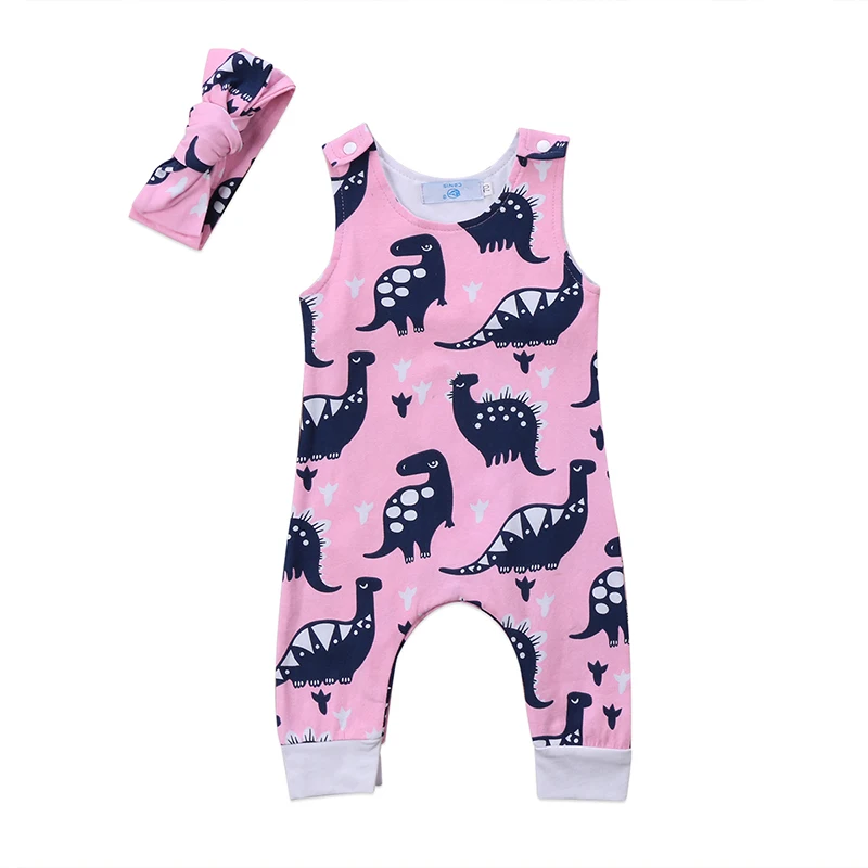 

Pink Newborn Baby Boy Girl Sleeveless Dinosaur Romper Infant Kids Cartoon Animal Print Jumpsuit Playsuit Outfits Clothes 0-18M