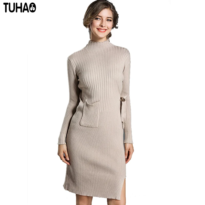 TUHAO Knitted Sweater Women Dress Sashes Pocket Knee Length Femme Tunic