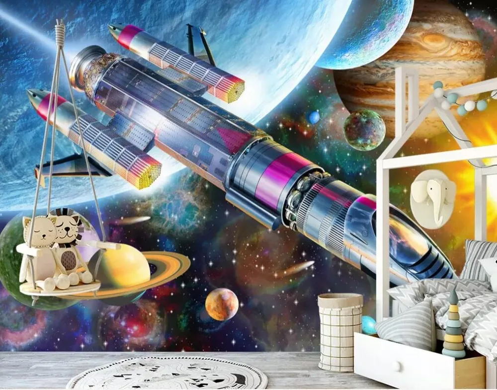 Beibehang современный ручная роспись мультфильм Космос Вселенная ракета детская комната задний план стены на заказ большой росписи Зеленый