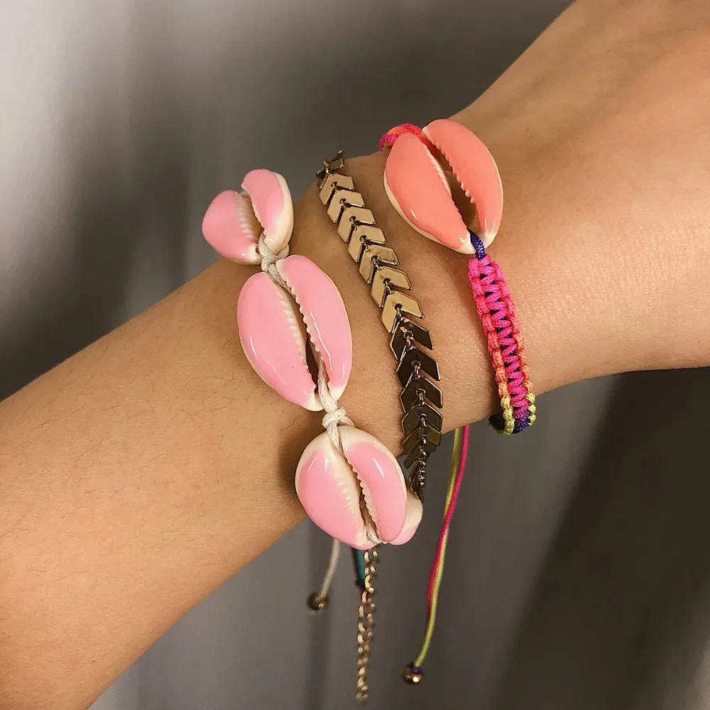 

KMVEXO 2019 New Handmade Bohemian Shell Bracelets Bangles for Women Pink Color Rope Chains Bracelets Female Jewelry Wholesale