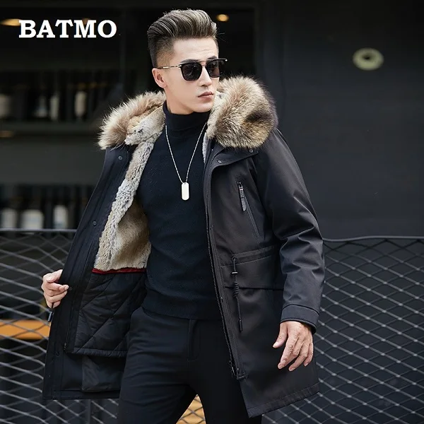 Batmo Новое поступление зимняя высококачественная теплая куртка с капюшоном из кроличьего меха, синяя мужская куртка, парки с воротником из меха енота для мужчин 1860 - Цвет: black