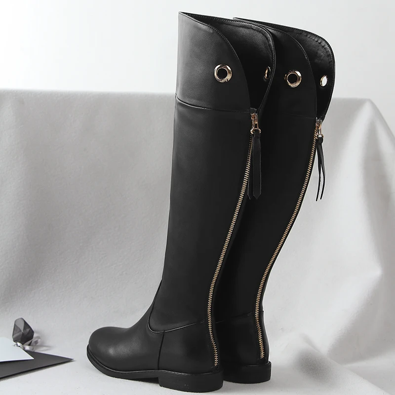 Skup WETKISS krowa skórzane damskie buty do kolan motocyklowe okrągłe Toe Zip obuwie niskie obcasy kobiece buty do jazdy konnej kobieta zima 2019 nowe