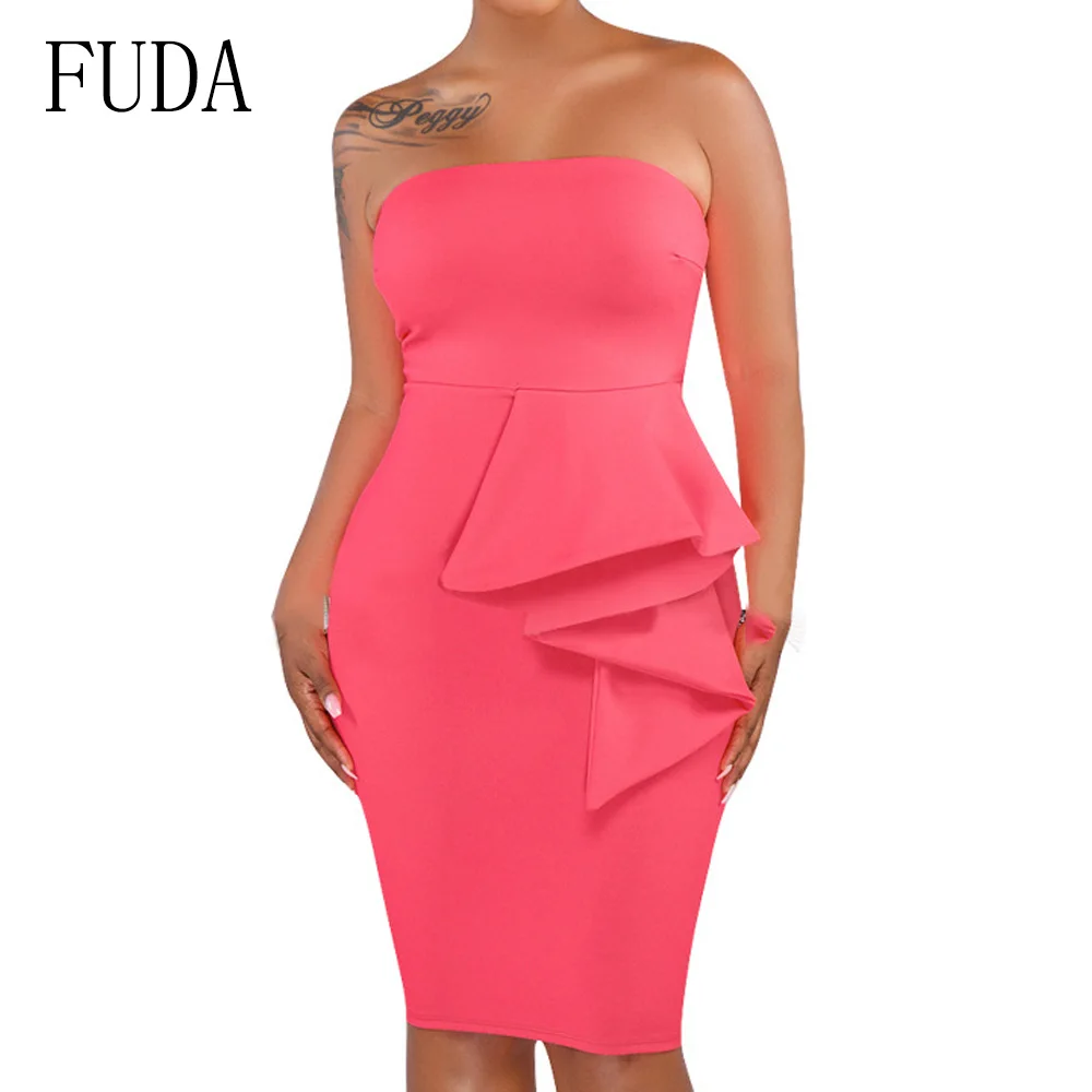 

FUDA Elegant Off Shoulder Sleeveless Slim Dress Summer Street Style Package Hip Dress Strapless Ruffles Night Party Dresses