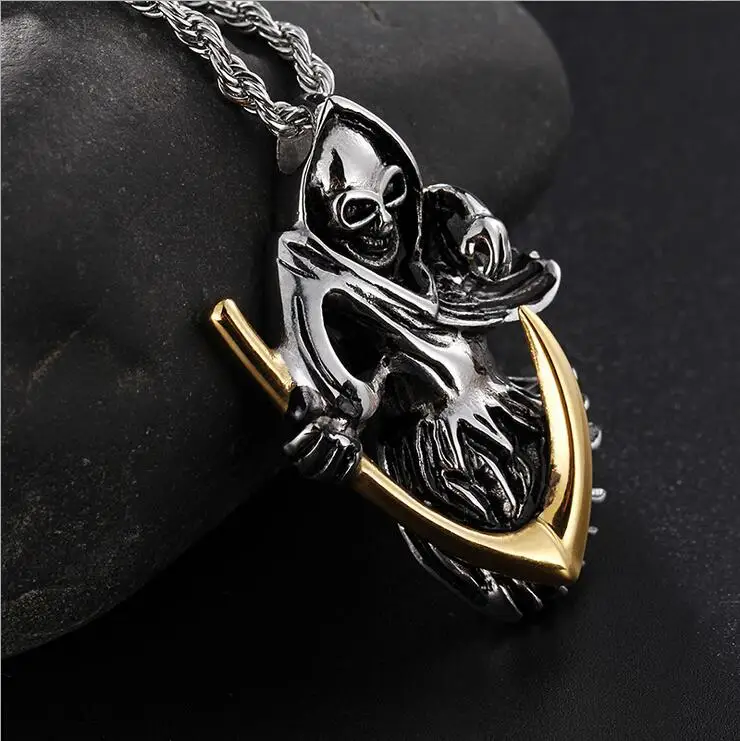 Metal Color: N010735 Davitu Titanium Steel Mens Necklace Punk Charm Cross Skull Death Scythe Pirate Lion Stainless Steel Necklace for Men Metal Color: N010735 Davitu Titanium Steel Mens Necklace Punk Charm Cross Skull Death Scythe Pirate Lion Stainless Steel Necklace for Men