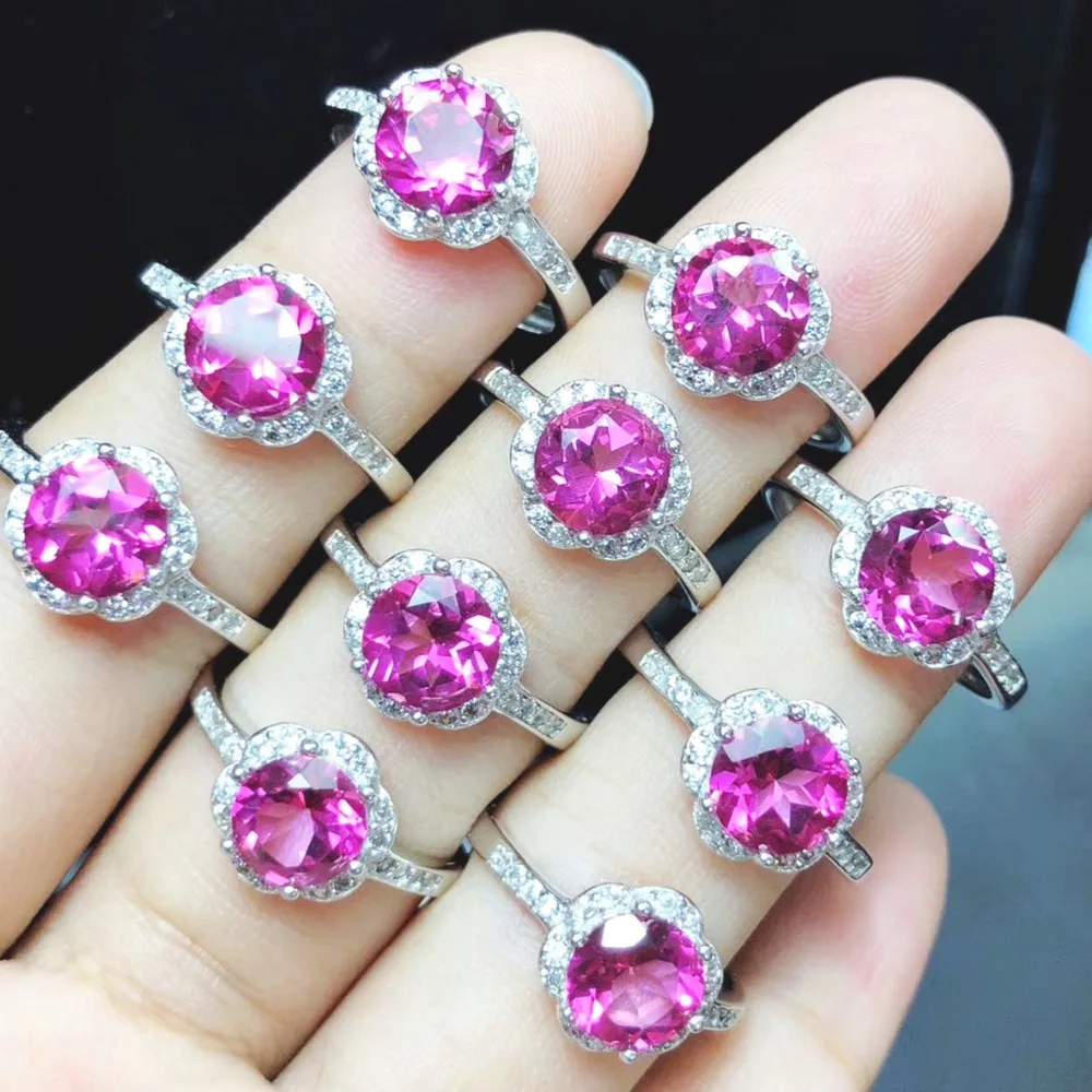 Round Cut 7MM Natural Pink Topaz Woman Rings Flower Shaped Halo 925 Sterling Silver Wedding Party Anniversary Jewelry | Украшения и