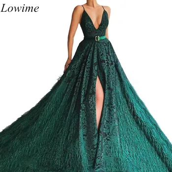 

Dark Dreen Lace Vintage Evening Dresses 2019 Special V-Neck High Side Split Sexy Feather Evening Prom Party Gowns With Sashes