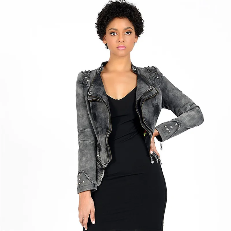 Короткая женская куртка, Весенняя джинсовая мотоциклетная ветровка, плюс размер 6XL, на молнии, топы с бриллиантами, облегающие Женские модные джинсовые пальто - Цвет: gray