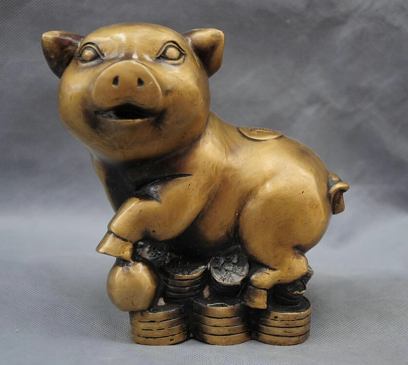 

8'' China Fengshui Zodiac Year Pig Carve Word Bronze Statue decoration bronze factory outlets
