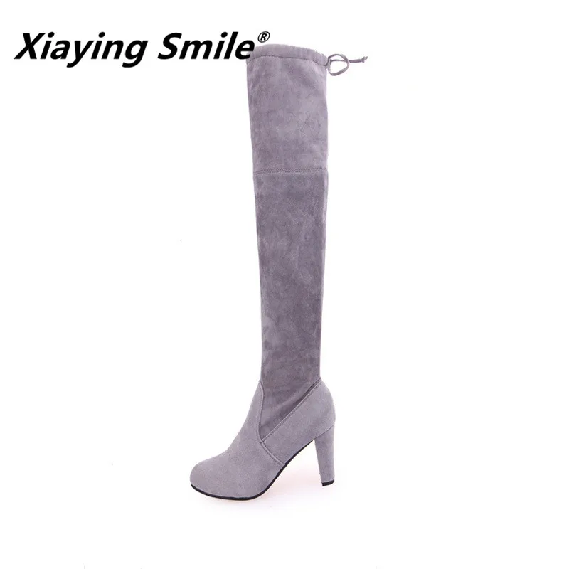 

Xiaying Smile 2018 Winter Style Women Boots Warm Knee High Boots Slip On Flats Round Toe Shoe Fashion Casual Flock Rubber Boots