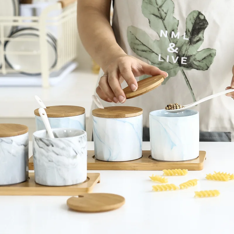 

Nordic Marble Ceramic Seasoning Pot Wooden Cover Lid Salt Sugar Spice Pepper Storage Kitchen Accessories