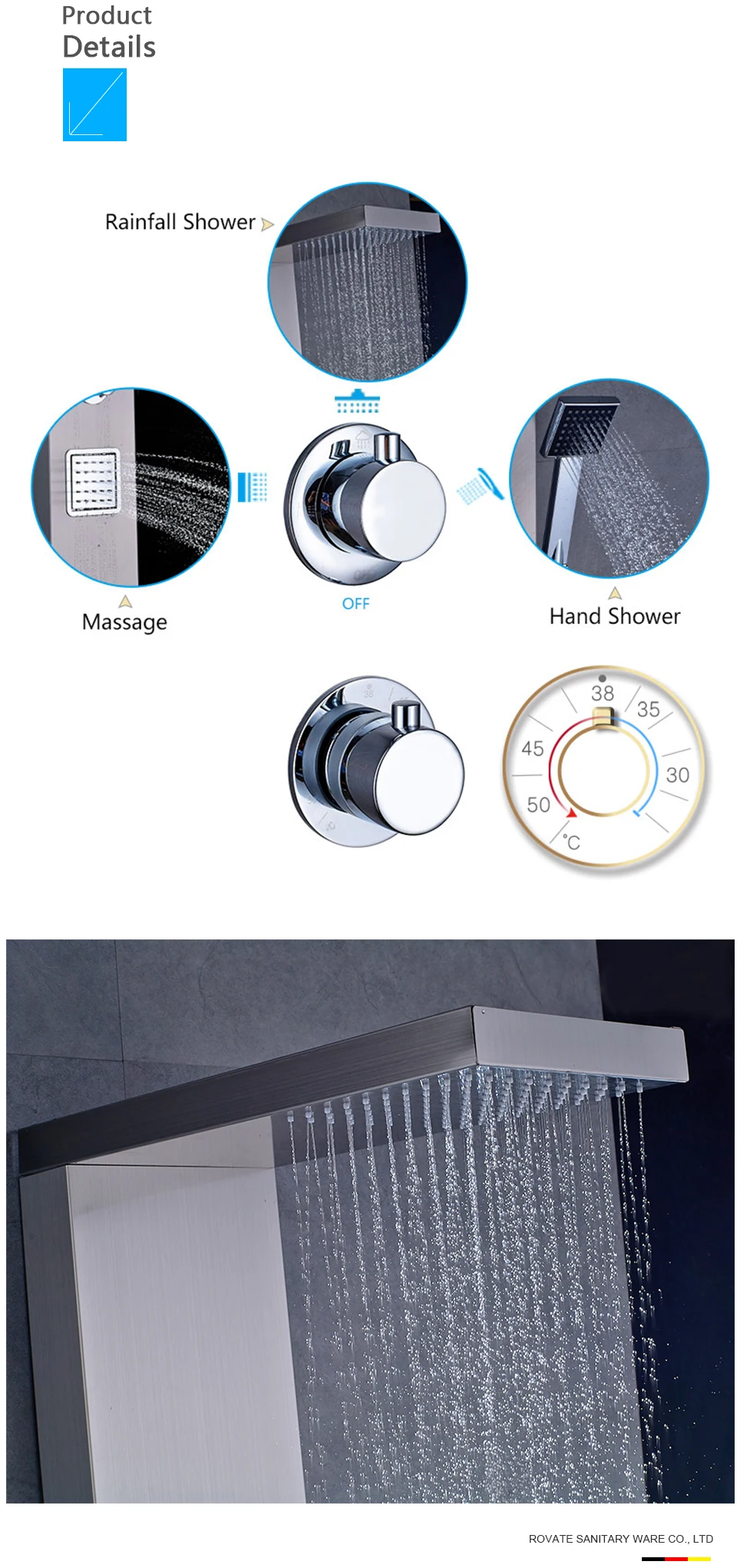 ROVATE душевые панели для ванной 38 °C Многофункциональный датчик температуры душевой набор, 304 нержавеющая сталь термостатический дождевой Душ