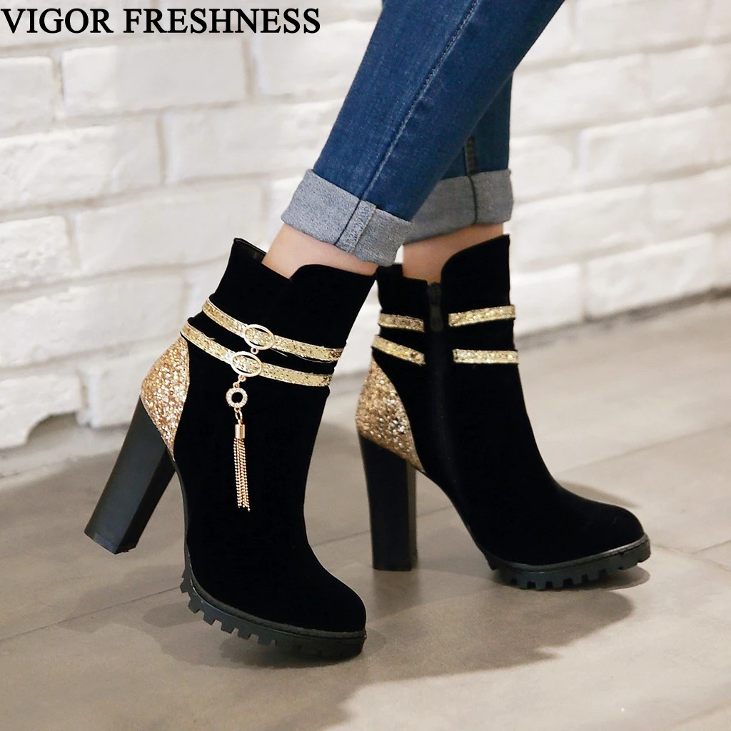 

VIGOR FRESHNESS Winter Boots Women Heels Shoes Woman Ankle Boots Bling Shoes Sexy Autumn Boots Ladies Dress Shoes 10CM MY324
