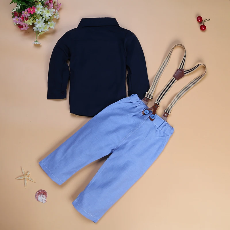 Elvesnest Kids Boys Clothing Set Spring Autumn Fashion Children Boy Clothes Suit Cotton Long Sleeve Shirt+Blue Strap Pants