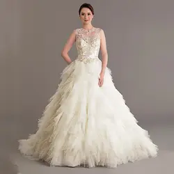 Новые свадебные платья, платья невесты Sheer экипажа рюшами с тюлевой юбкой бальное платье с жемчужинами Свадебные платья 2015 Vestidos
