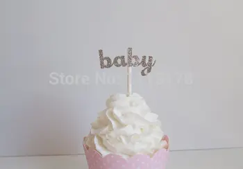 

cheap Gender Reveal Silver Glitter Baby Cupcake Toppers Baby Shower/Gender Reveal cupcake decor toppers