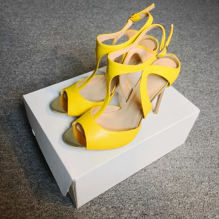 Оригинальное предназначение; элегантные женские босоножки с узкими ремешками и открытым носком; босоножки на тонком каблуке с пряжкой; цвет желтый; женская обувь; большие размеры 4-15