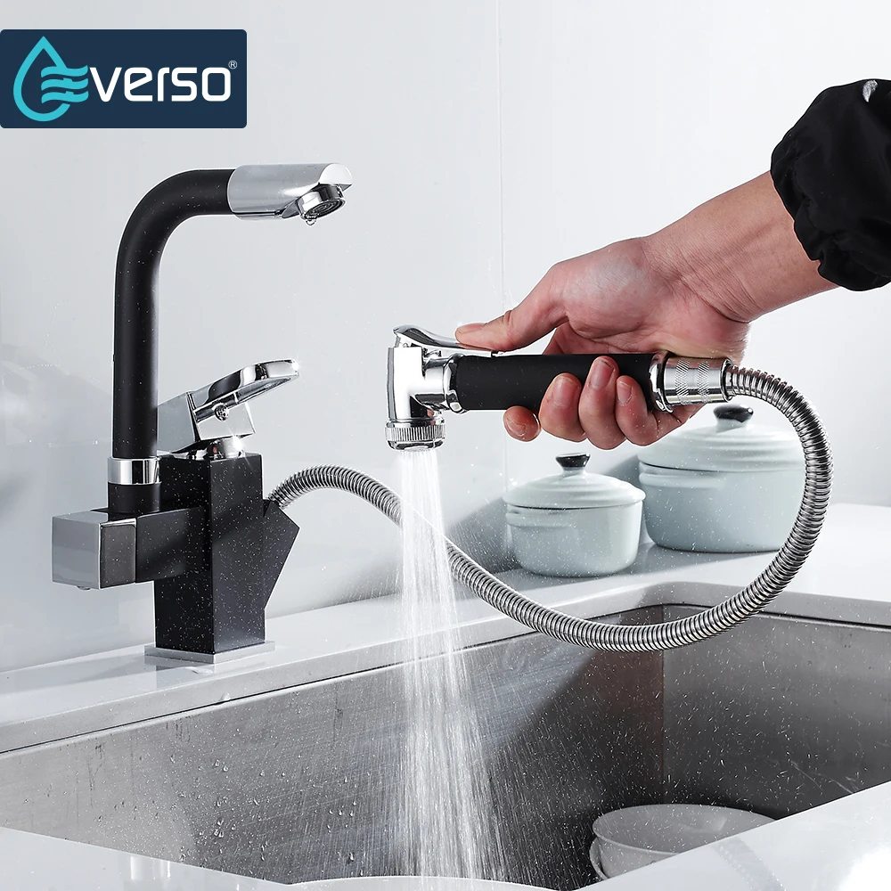 EVERSO Solid Brass Kitchen Faucet Double Spouts 360 Degree&Pull Out Kitchen Faucet Kitchen Tap Sink Mixer