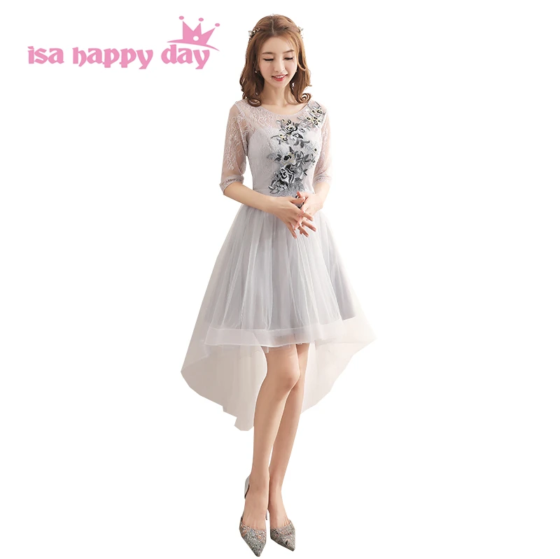 

real made short front long back sleeve high low prom dresses grey ladies party dress 16 plus size gowns with sleeves H4257