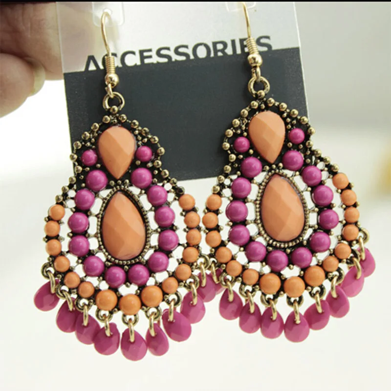 

Acrylic Fashion Bohemian Vintage Style Statement Cute Resin Tassel Waterdrop Beads Dangle Earrings E352
