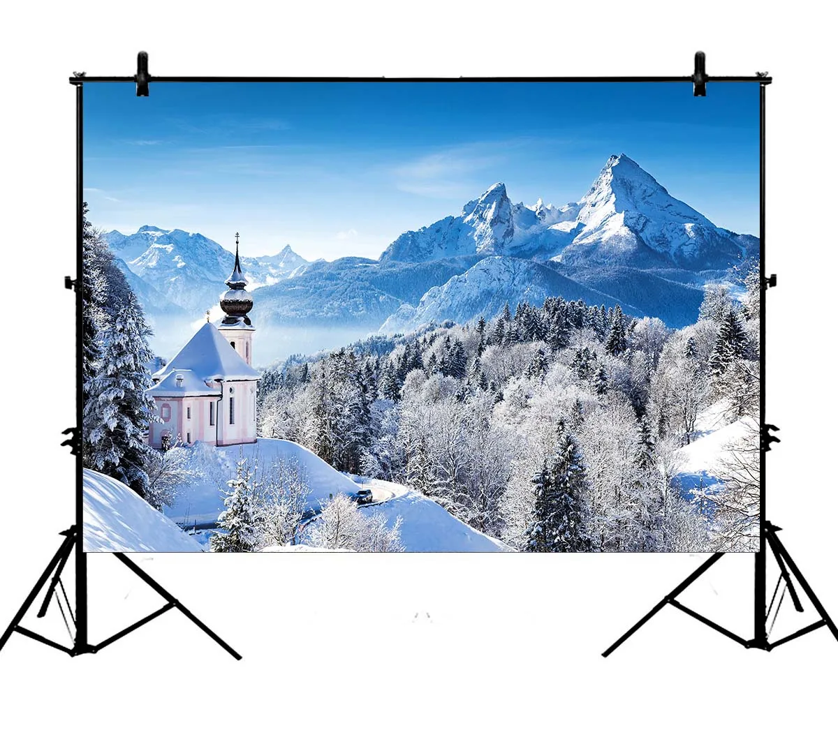 

5x7ft Mountains Church Christian Cross Winter Trees Snow Polyester Photo Background Portrait Backdrop