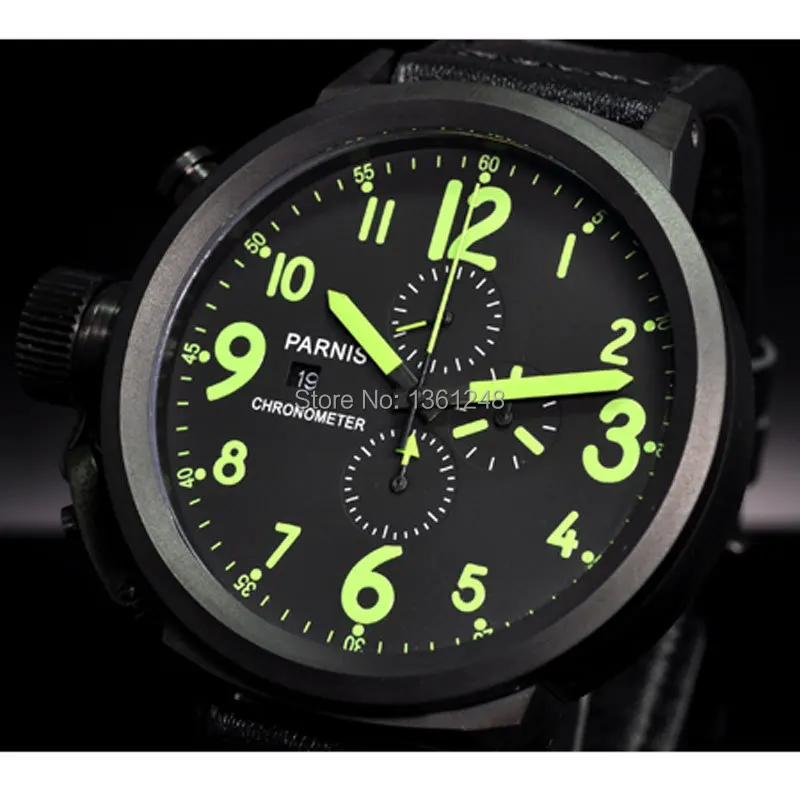 50mm Parnis Big Face black dial PVD case day date mens quartz WATCH