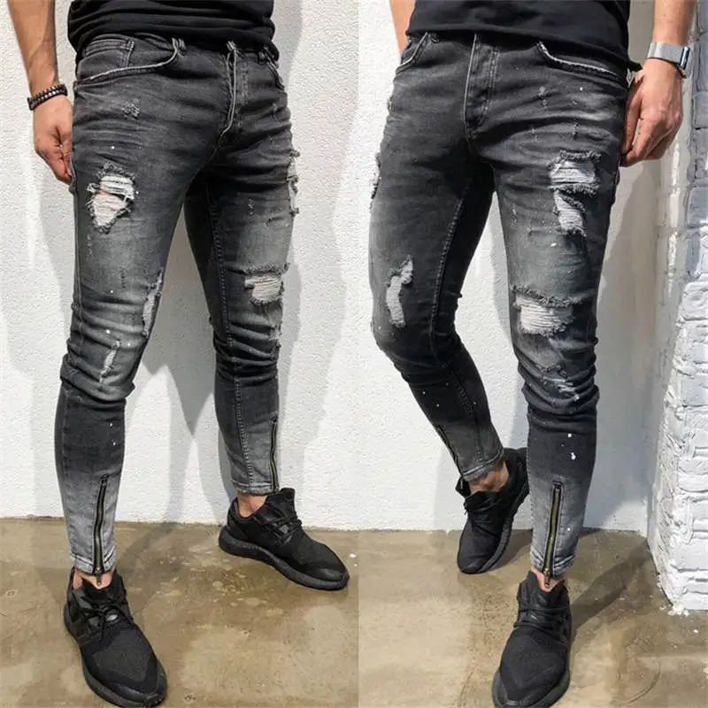 New Men Ripped holes jeans Zip skinny biker jeans black jeans with Pleated patchwork slim fit hip hop jeans men pants - Цвет: 1