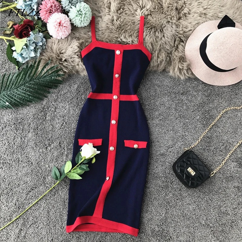 

FTLZZ Striped Tight Stretchy Knitted Tank Bodycon Dress Single Breasted Buttons Ladies Party Sexy Strap Sheath Knit Dress