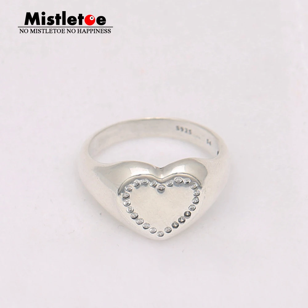Genuine 925 Sterling Silver Heart Signet, Clear CZ Ring Compatible with European Jewelry