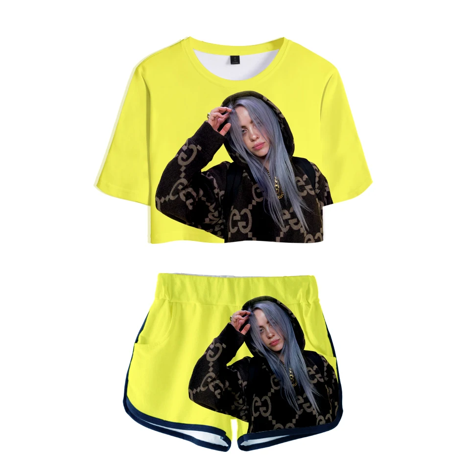 

Hot sale Billie Eilish 3D Exposed Navel T-shirt+Shorts Women's two-piece sets 2019 Summer 3D Billie Eilish casual girl's suits