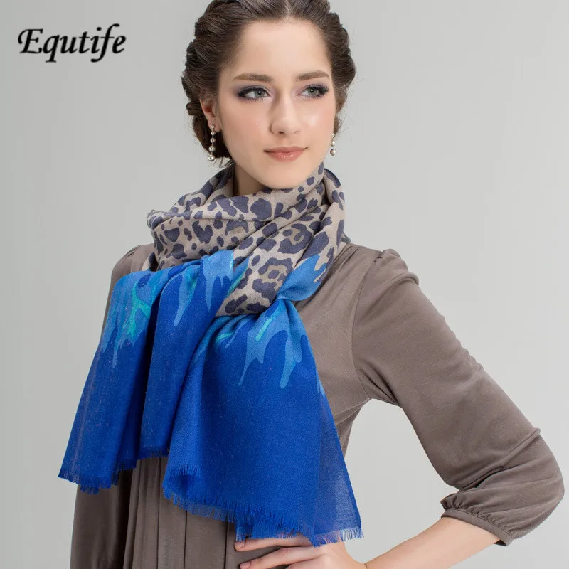 Equtife جديد تصميم الصوف وشاح التباين اللون الدافئة الباشمينا الأوشحة الشتاء ليوبارد طباعة شال للنساء نوعية جيدة الإناث 5065