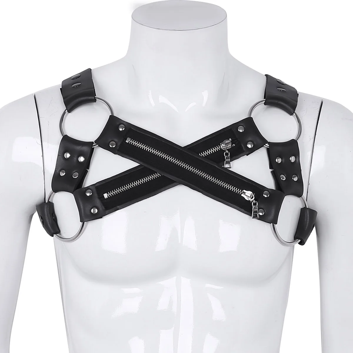 Faux Leather Harness Mens Lingerie Night Clubwear Shoulder Body Chest Muscle Harness Belt Male Costume Straps Metal O-rings