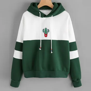 

Women Tops Hoodie Casual Loose Hooded Long Sleeve Pullover Cactus Print Autumn Fabala Splice Sweatshirt