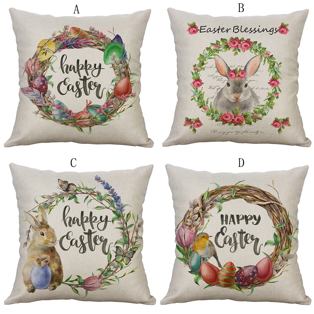 Happy Easter Bunny Pillow Cover Linen Sofa Cushion Home Decor Pi \半額SALE／