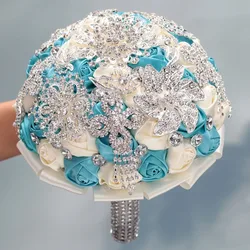 Luxurious Crystal Bridal Wedding Bouquet Ivory Lake Blue Flowers Brooch Bridal Bouquets Wedding Buque De Mariage Accessories