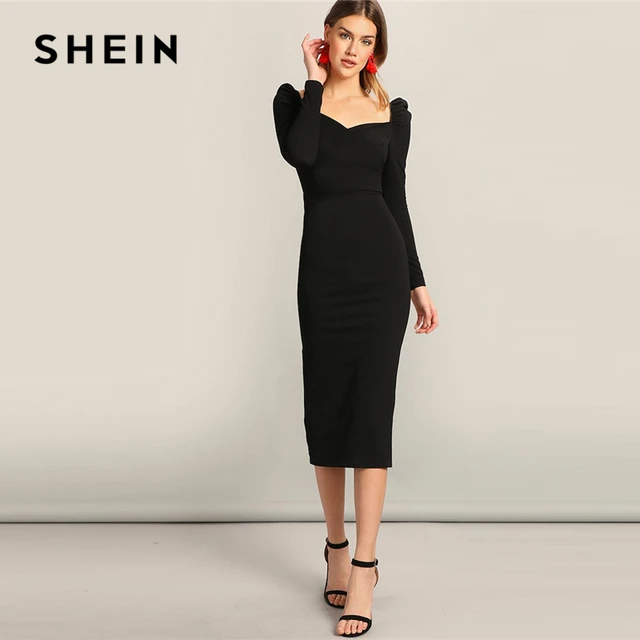 US $17.00 SHEIN Black Surplice Neck Sweetheart Puff Sleeve Split Pencil Plain Bodycon Dress Women Spring Eleg