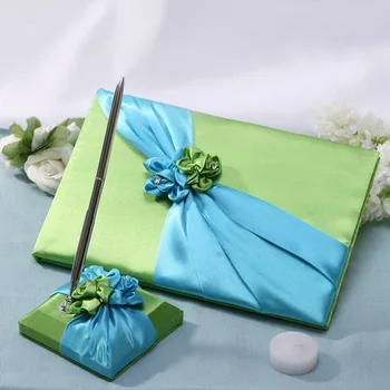 

Beautiful Flower Satin Wedding Guestbook & Pen Set Green Color