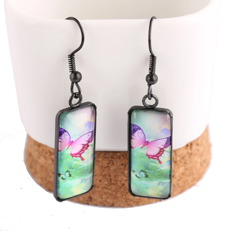 

reidgaller 1pair Stainless steel black rectangle butterfly glass cabochon dangle fashion women earrings